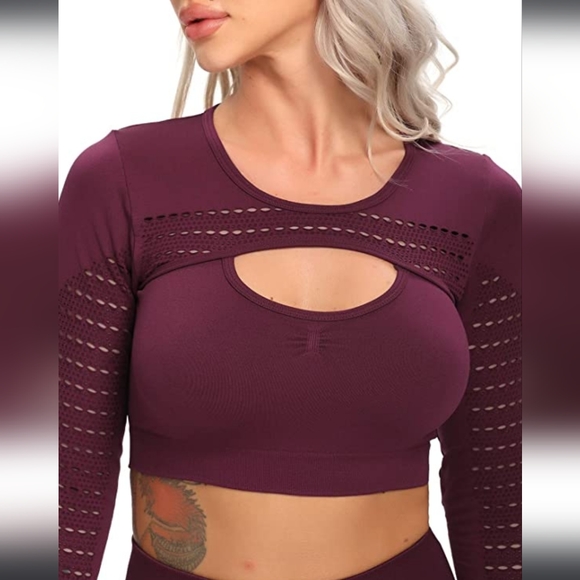 Amazon Tops - Women Workout Crop Top Seamless Long Sleeve Fitness Tight Tee Size Small